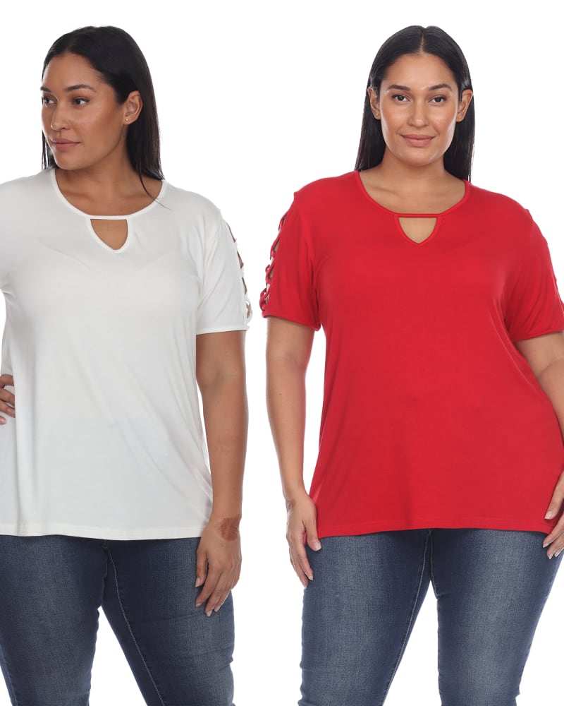 Front of a model wearing a size 2X Essential 2 Pack White Keyhole Neck Top in White Red by White Mark. | dia_product_style_image_id:249876